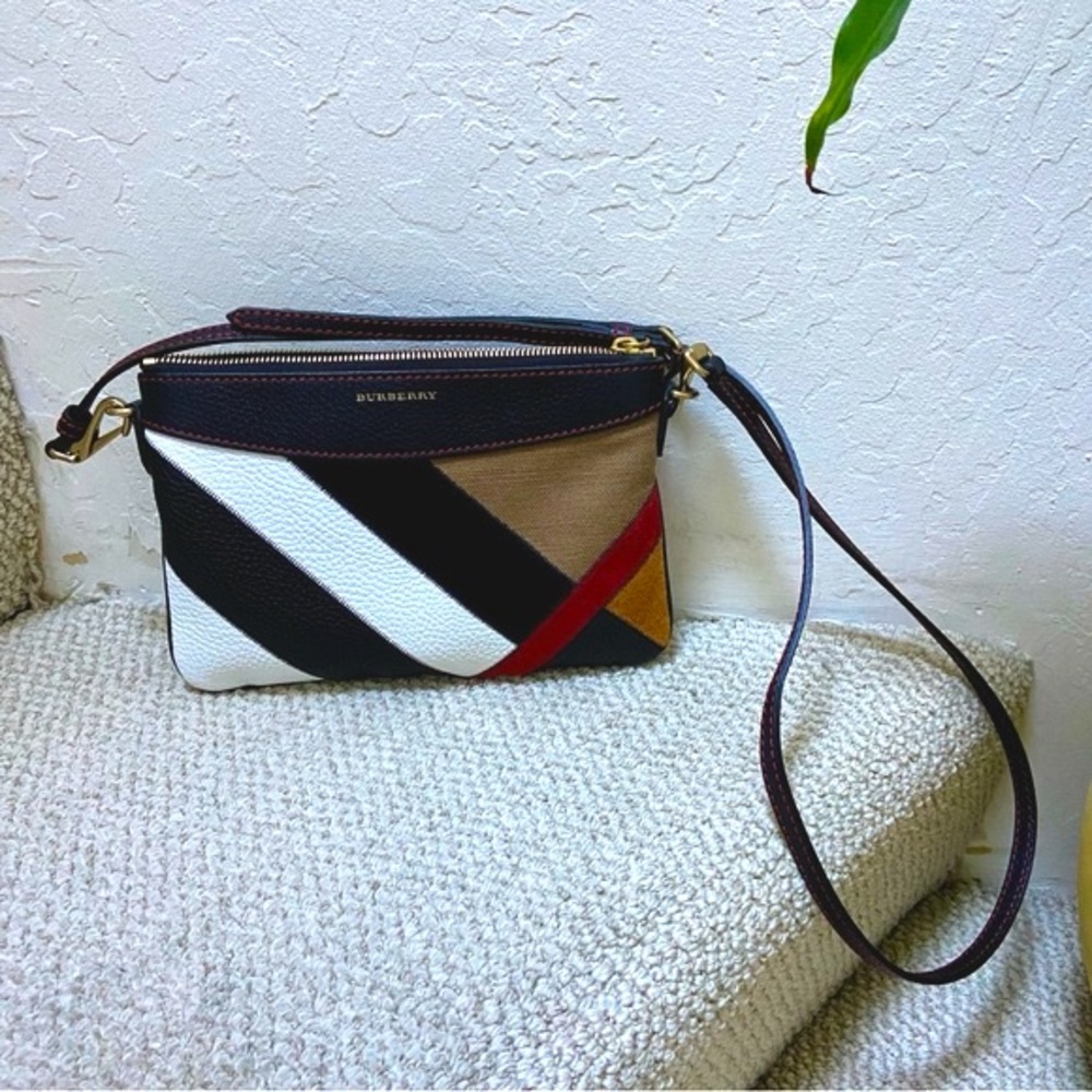 Burberry Leather and Suede Jute Patchwork Check Crossbody Clutch Bag